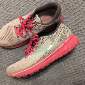 Brooks Womens Running Ghost 14 Athletic Sneakers Size 10  Grey Pink Turquoise